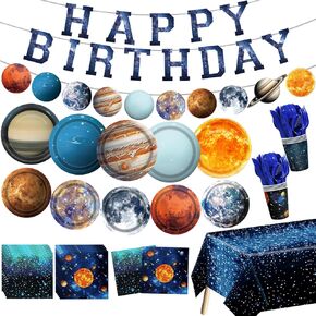 Space Theme Party Decorations 142Pcs Galaxy Planet Outer Space Disposable Plates and Napkins Cups Tablecloth Banner Knives Forks Spoons for Kids Space Solar System Planets Birthday Party Supplies