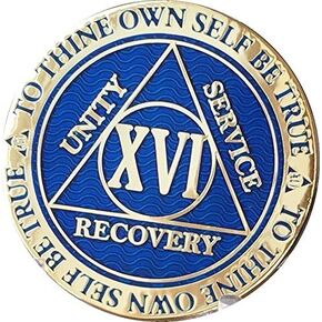 RecoveryChip 16 Year AA Medallion Dusty Blue Color Gold Plated Chip XVI