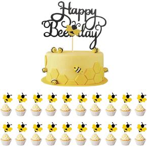 21 Pcs Bee Cupcake Toppers Happy Bee Day Happy Birthday Cake Topper Bumble Bee Cake Decoration Glitter Bee Cupcake Picks for Baby Shower Boys Girls Birthday Party