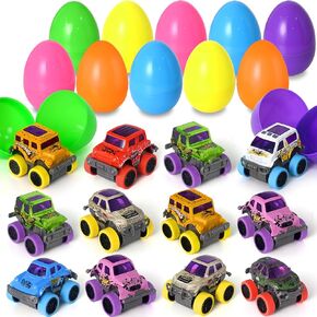 12 Pcs Easter Eggs Filled with Toys, Colorful Prefilled Pull Back Monster Cars, Easter Trucks Cars for Kids ​Boys Egg Hunt, Basket Stuffers Filler and Classroom Prize Supplies, Party Favors