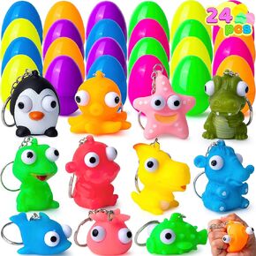 Joyin 24 Prected Easter Eggs للأطفال الصغار ، مملوءة البيض بأسلاك المفاتيح الحيوانية ألعاب اسفنجي للعيون لصالح حفلات عيد الفصح ، حشو السلة
