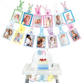 4th of July 1st Birthday Photo Banner for Newborn to 12 Months, Patriotic One Banner and One Cake Topper, Red and Blue Baby Milestone Photo Banner for Little Firecracker Birthday Decoration