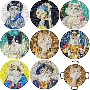 Diamond Painting Coasters Kit with Holder, Artistic Cats DIY 5D Diamond Art Cat Coasters with Cork Bases, Full Drill Rhinestone Beginner Small Diamond Art Kits for Adults Kids Crafts Supplies