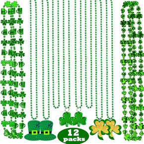 Cerlaza St. Patrick's Day Decorations Shamrock Necklaces, Irish Hat Green Bead Necklace, St Patricks Day Accessories Party Favors, 12 Pcs Green Bead Pendant, 6 Styles