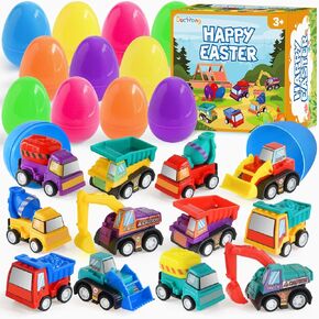 Duchong Prefilled Easter Eggs with Cars Toys for Easter Eggs Hunt,12 Packs 2.8“ Plastic Eggs with Pull-Back Construction Vehicles, Surprise Eggs, Easter Theme Party Favor, Basket Stuffers Filler