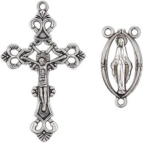 Pandahall 10sets Antique Silver Rosary Cross and Center Sets Alloy Crucifix Cross Pendants and Centerpiece Catholic Virgin Links for Rosary Bead Necklace Making
