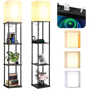 2 Packs Floor Lamp w. Shelves Including 2AC Outlets & 2USB Ports 9W LED Light Bulb 3 Color Temperature Soft/Cool/Daylight White w. 1PC 2 Prong to 3 Prong Adapter for Living Room/Bedroom