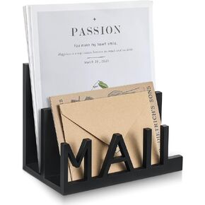 1 Slot Mail Holder Wooden Mail Organizer Black Countertop with Cutout Lettering Design for Office Desktop Envelope and Document Storage Rack(Mail)