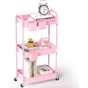4-Tier Rolling Utility Cart, Metal Storage Cart with 3 Hanging Cups & 4 Hooks, Multifunctional Organization Cart with Lockable Casters for Bathroom, Kitchen, Living Room, Office, Pink