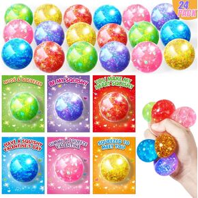 SpringFlower Valentines' Day Cards for Kids, 24 Pack Valentines Party Favors for Kids with Stretchy Balls Toys, Classroom Valentines Exchange Gifts, School Classroom Valentine's Prizes