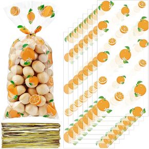 Pajean 100 Pieces Oranges Citrus Bags Little Baby Shower Bags Cellophane Candy Treat Sack with 100 Gold Twist Ties for Tangerine Summer Baby Shower Birthday Party Gifts
