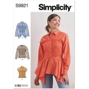 Simplicity Misses' Blouse with Collar, Sleeve and Hemline Variations Sewing Pattern Kit, Design Code S9821, Sizes 6-8-10-12-14, Multicolor