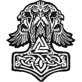 Military Morale Patch - Thor Hammer Mjolnir with Viking Odin Valknut Symbol Embroidered Tactical Emblem with Hook and Loop Fastener Backing, White, Black, EMP003