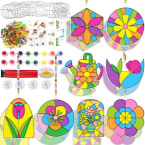 WorldBazaar Spring Flower Suncatchers Crafts Kits 24 Sets DIY Spring Floral Painting Craft Window Paint Art Suncatchers Decoration Easter Summer Birthday Wedding Party Favors