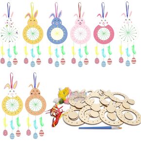 KATOOM 8 Pack Bunny Craft for Kids Paint You Own Easter Bunny Dream Catcher Craft Kit DIY Coloring Wooden Easter Art and Craft for Art Activity Project Decoration