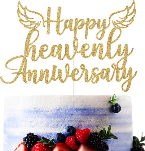 Gold Glitter Happy Heavenly Anniversary Cake Topper, Heavensent Anniversary Cake Décor, Funny Heavenly Angel Wing Wedding Anniversary Party Decorations Supplies in Saudi Arabia