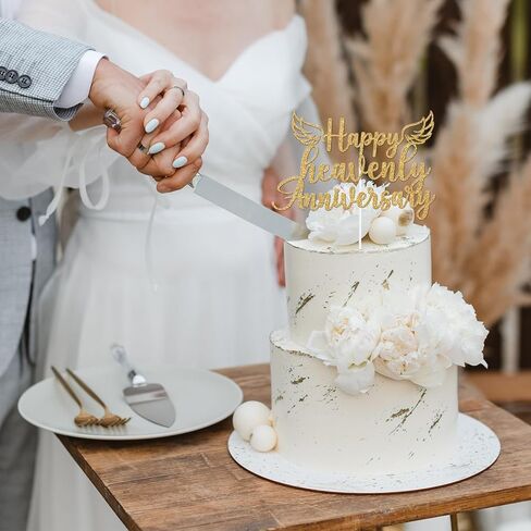 Gold Glitter Happy Heavenly Anniversary Cake Topper, Heavensent Anniversary Cake Décor, Funny Heavenly Angel Wing Wedding Anniversary Party Decorations Supplies in Saudi Arabia