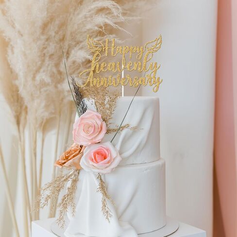 Gold Glitter Happy Heavenly Anniversary Cake Topper, Heavensent Anniversary Cake Décor, Funny Heavenly Angel Wing Wedding Anniversary Party Decorations Supplies in Saudi Arabia