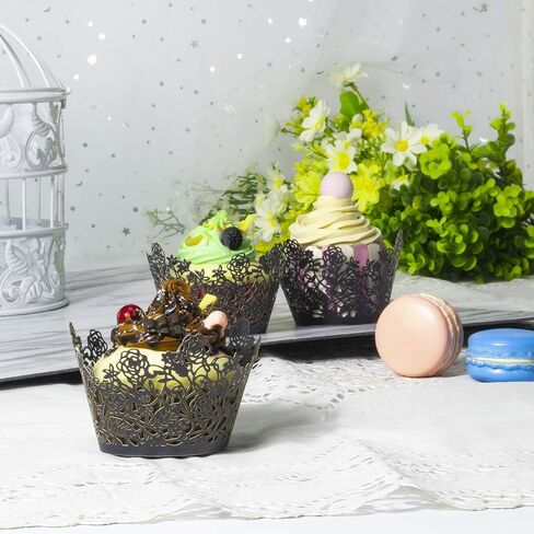 Yozatia 60pcs أسود روز روز الدانتيل كب كيك حاملي ، ليزر قطع بطانات كب كيك الزخرفة لحفل الزفاف in Kuwait