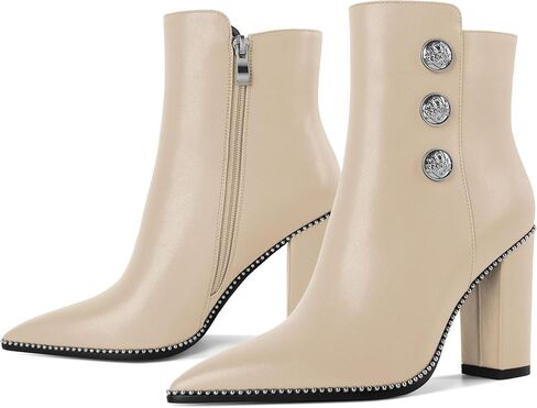 Joseywade Womens Ankle Booties 3.7 Inch Heel Chunky Boots Buttons Beaded Pointed Toe Side Zipper Boots Size 5-13 in Kuwait
