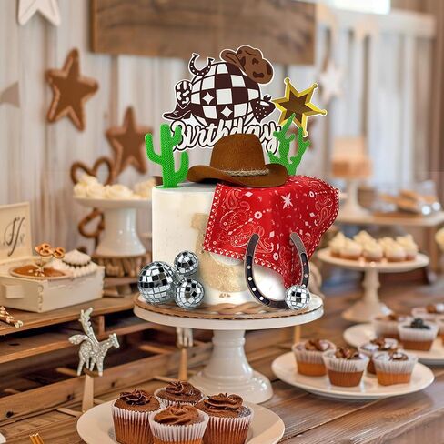 Cowgirl Birthday Cake Topper Cowgirl Hat Scarf Western Rodeo Theme Decoration for Birthday Baby Shower Western Theme Party Favors Supplies (Pink) in Kuwait