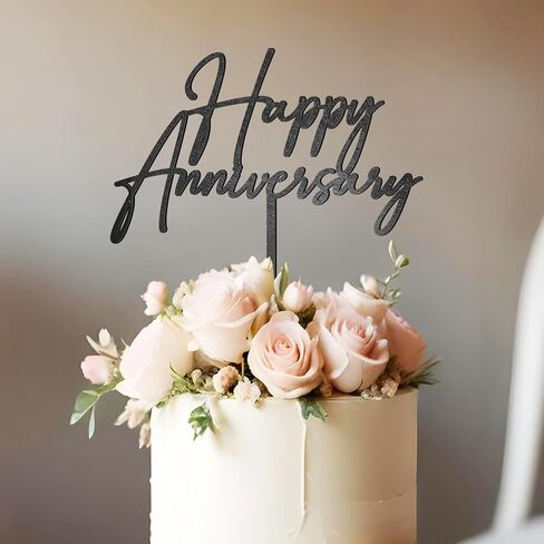 Happy Anniversary Cake Topper Metallic Black Wedding Anniversary Cake Decoration in Saudi Arabia