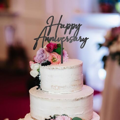 Happy Anniversary Cake Topper Metallic Black Wedding Anniversary Cake Decoration in Saudi Arabia