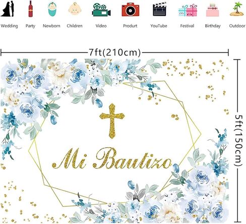 Mi Bautizo Backdrop Mexican Baptism Party Decorations 7x5FT God Bless First Holy Communion Background Blue Flower Boy Baptism Banner Baby Shower Decor Props in Saudi Arabia