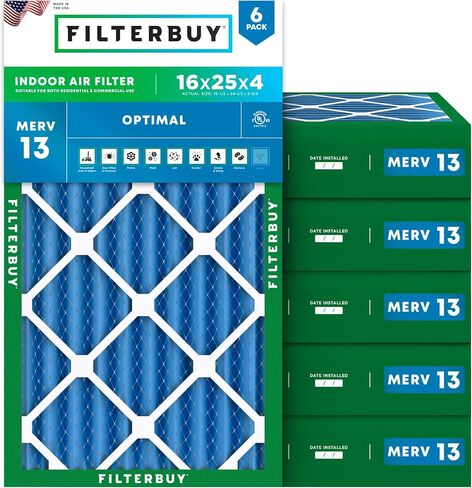 فلتر هواء Filterbuy 20x25x1 MERV 13 Optimal Defense (6 عبوات)، استبدال مرشحات هواء فرن HVAC AC المطوية (الحجم الفعلي: 19.50 × 24.50 × 0.75 بوصة) in Kuwait