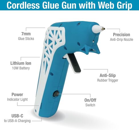 Cordless Hot Glue Gun with Web Grip Precision Nozzle Anti-Drip, LED Guiding Light USB-C Rechargeable Blue/White in Saudi Arabia