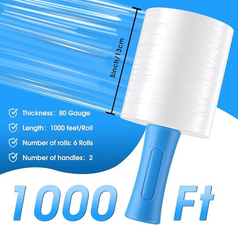MROCO Stretch Wrap Film 5" x 1000ft with 2 Handles, 6 Rolls 80 Gauge Plastic Shrink Wrap for Moving Furniture & Pallet Wrap, Industrial Mini Clear Heavy Duty Shrink Film Roll for Moving & Storage in Saudi Arabia