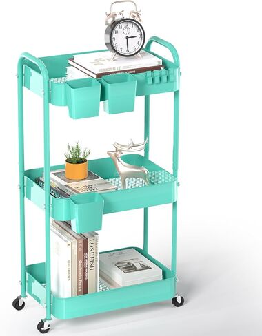 4-Tier Rolling Utility Cart, Metal Storage Cart with 3 Hanging Cups & 4 Hooks, Multifunctional Organization Cart with Lockable Casters for Bathroom, Kitchen, Living Room, Office, Pink in Saudi Arabia