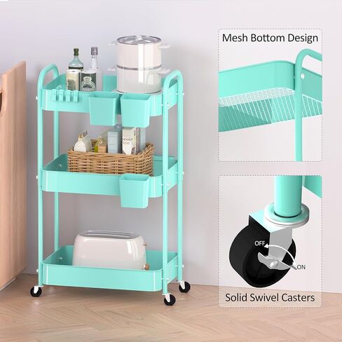 4-Tier Rolling Utility Cart, Metal Storage Cart with 3 Hanging Cups & 4 Hooks, Multifunctional Organization Cart with Lockable Casters for Bathroom, Kitchen, Living Room, Office, Pink in Saudi Arabia