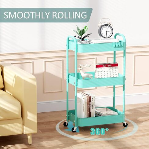 4-Tier Rolling Utility Cart, Metal Storage Cart with 3 Hanging Cups & 4 Hooks, Multifunctional Organization Cart with Lockable Casters for Bathroom, Kitchen, Living Room, Office, Pink in Saudi Arabia