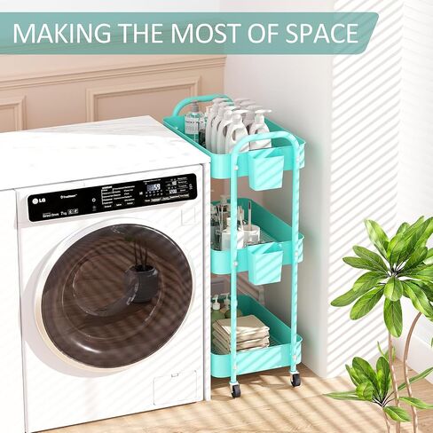 4-Tier Rolling Utility Cart, Metal Storage Cart with 3 Hanging Cups & 4 Hooks, Multifunctional Organization Cart with Lockable Casters for Bathroom, Kitchen, Living Room, Office, Pink in Saudi Arabia