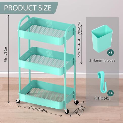 4-Tier Rolling Utility Cart, Metal Storage Cart with 3 Hanging Cups & 4 Hooks, Multifunctional Organization Cart with Lockable Casters for Bathroom, Kitchen, Living Room, Office, Pink in Saudi Arabia