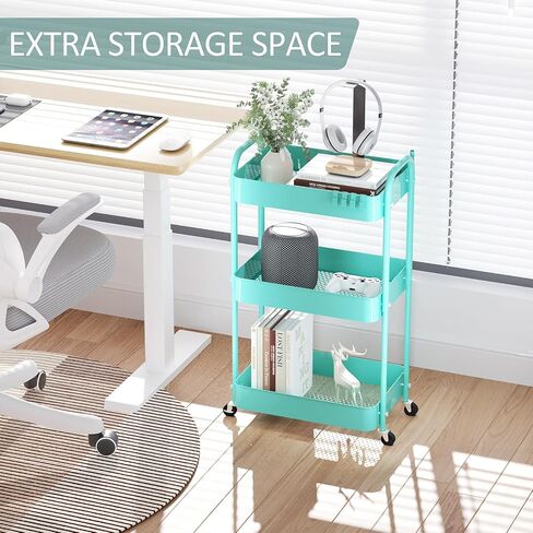 4-Tier Rolling Utility Cart, Metal Storage Cart with 3 Hanging Cups & 4 Hooks, Multifunctional Organization Cart with Lockable Casters for Bathroom, Kitchen, Living Room, Office, Pink in Saudi Arabia