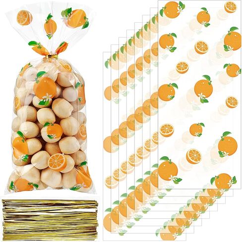 Pajean 100 Pieces Oranges Citrus Bags Little Baby Shower Bags Cellophane Candy Treat Sack with 100 Gold Twist Ties for Tangerine Summer Baby Shower Birthday Party Gifts in Saudi Arabia