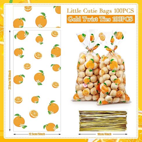 Pajean 100 Pieces Oranges Citrus Bags Little Baby Shower Bags Cellophane Candy Treat Sack with 100 Gold Twist Ties for Tangerine Summer Baby Shower Birthday Party Gifts in Saudi Arabia