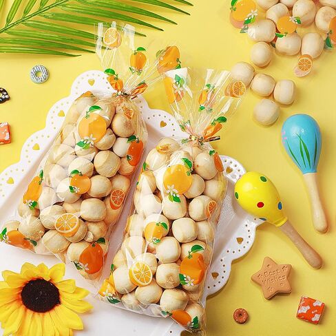Pajean 100 Pieces Oranges Citrus Bags Little Baby Shower Bags Cellophane Candy Treat Sack with 100 Gold Twist Ties for Tangerine Summer Baby Shower Birthday Party Gifts in Saudi Arabia