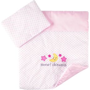BABESIDE 2 Pcs Baby Doll Bedding Set for 12-15 Inch Dolls, Pink Polka Dot Baby Doll Blanket and Pillow Set with Cute Moon & Stars Pattern for Bitty Baby Doll Accessories