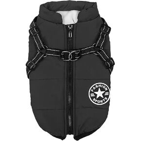 Dog Jacket Winter Vest, Dog Coat with Harness for Small Dogs, Waterproof, Machine Washable, Reflective Stripe Design, Durable D-Ring (Black, L)