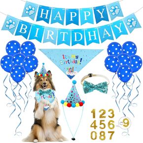Dog Birthday Party Supplies, Dog Birthday Bandana with Bow Tie Dog Birthday Hat Numbers Balloons, Puppy Dog Birthday Party Decorations for Large Medium Small Dogs(Blue)