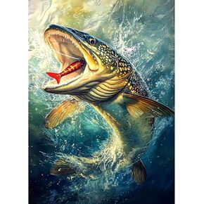 AIRDEA DIY 5D Fish Diamond Painting by Number Kits for Adults,Fishing Diamond Art Kits Round Full Drill Diamond Painting Kits Gem Painting Arts Mosaic Making for Wall Art Decor 11.8x15.7 in(Blue)