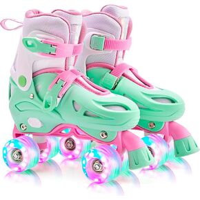 2PM SPORTS 4 Size Adjustable Light Up Roller Skates for Girls, Flashing 4 Wheels, Beginner Kids Rollerskates for Age 5-8 8-12