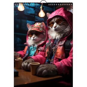 2025 Wall Calendar [12 pages 8"x12"] Funny Gangster Cats at Bars Together Cyberpunk Vintage Book Illustration Poster