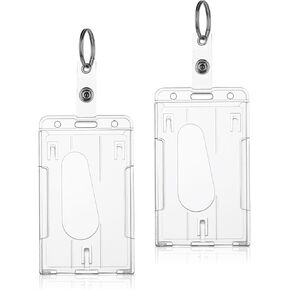 Amaxiu Heavy Duty ID Badge Holders with Keyring, 2 Pcs Thumb Slot Card Holders Clear Credit Card Protector Hard Plastic Badge Holders for Nurse Teacher Office School Supplies (Horizontal)
