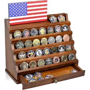 5-Tier Wooden Coin Display Stand with Bottom Drawer, US Flag Challenge Coin Holder for Military, Veterans, and Collectors (Walnut)