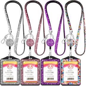 Ctosree 4 Sets Rhinestone Lanyard Bling ID Card Holder Crystal Retractable Badge Reel Rhinestone Neck Lanyard Card Holder with Metal Clasp and Key Ring for Women Nurse Teacher, 4 Colors (Horizontal)