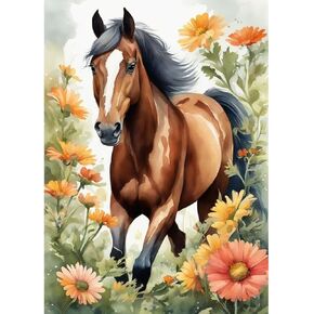 PFFNGPEN Diamond Painting Kits for Adults, 5D DIY Horse Diamond Art Kits for Beginners, Full Drill Round Diamond Art for Home Wall Decor, Flower, 12x16 inch